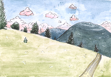 Pop Art-Landschaft, Aquarell und Tusche