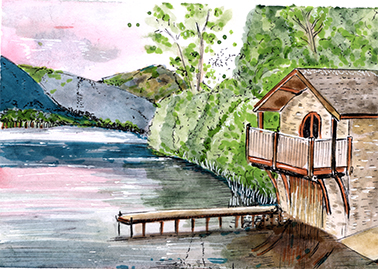 Haus am See, Landschaftsdarstellung in Aquarell und Tusche