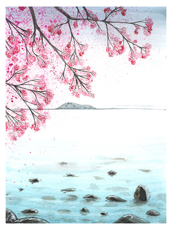 Darstellung eines blühenden Baums an einem See oder Meer in Aquarell und Tusche.
