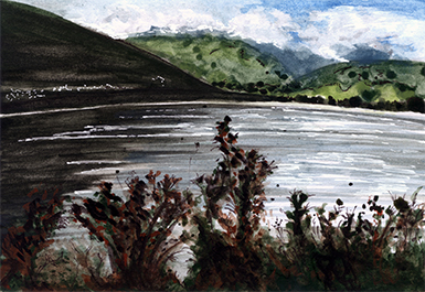 Urban Sketching, See-Landschaft im Murtal, Aquarell und Tusche