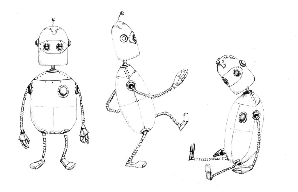 Studie für eine Kinderbuchillustration. Roboter-Posen.