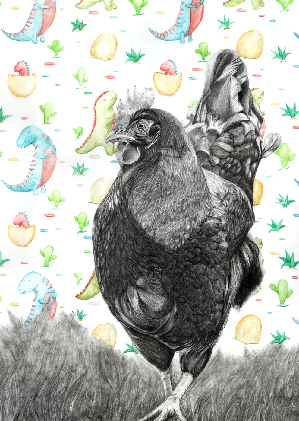 Die fertige Zeichnung Chicken rex zeigt eine realitische Darstellung eines Huhns mit einem Dinosauerier-Muster im Hintergrund aus Aquarellfarben.