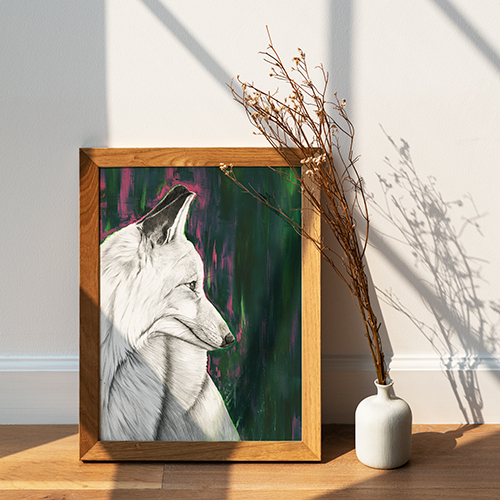 Fertige Zeichnung eines Fuchsem mit abstrakten Hintergrund.