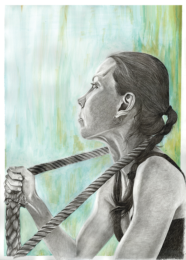 Selbstportrait mit einem Trapezseil. Graphit auf Papier mit einem abstrakten Aquarellhintergrund.