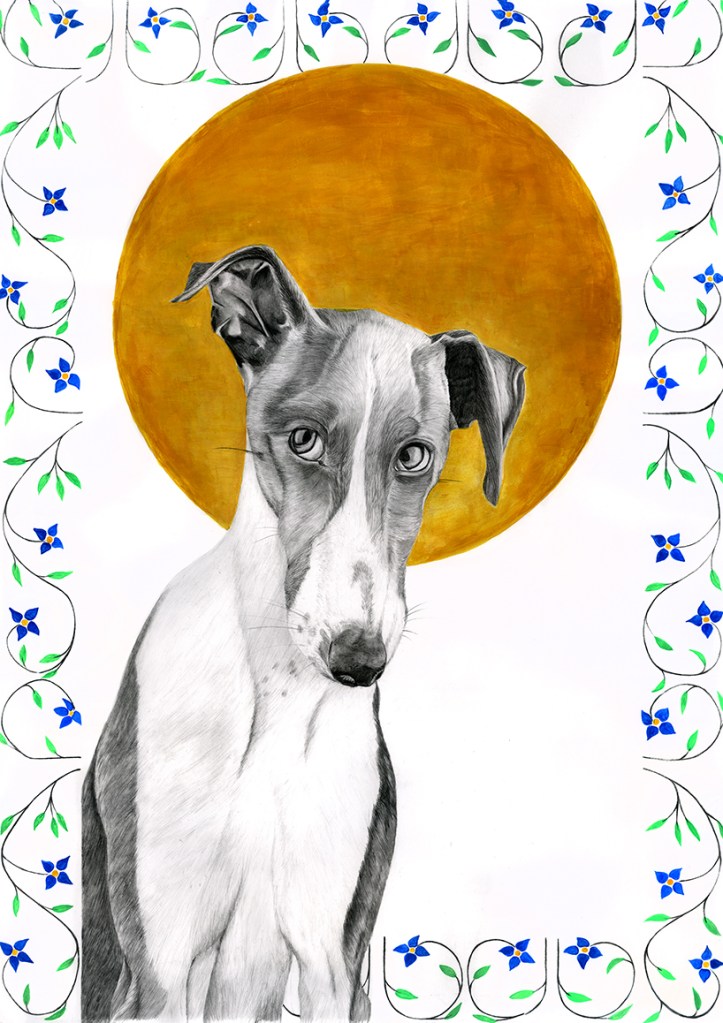 Portrait eines Windhundes mit Heiligenschein und Blumenmuster.