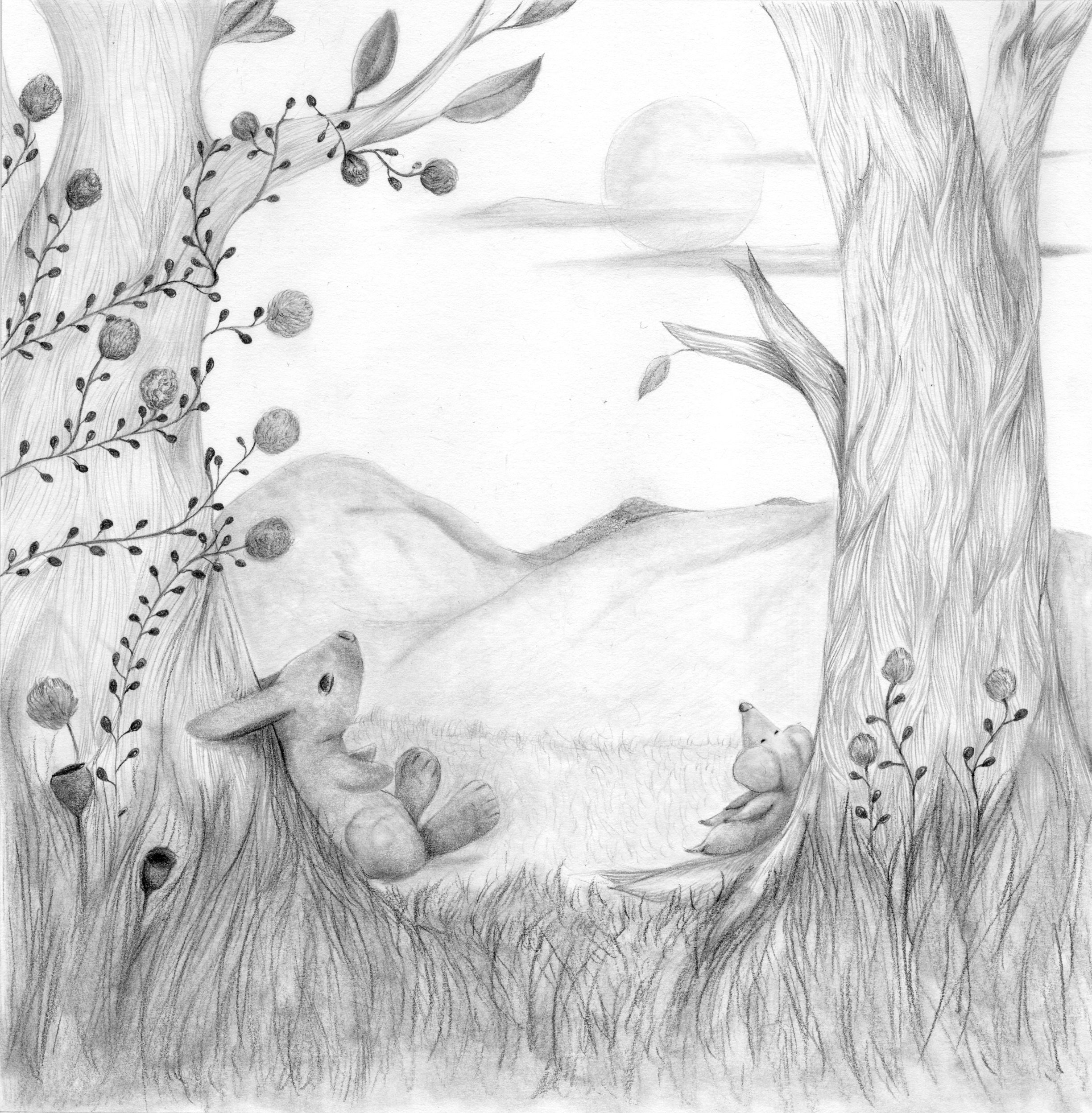 Hase und Maus im Wald. Kinderbuch-Illustration in Graphit. 