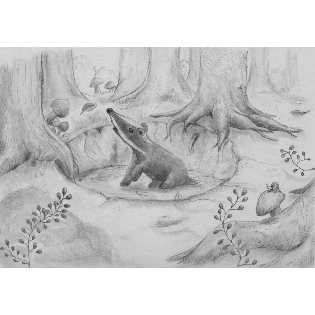 Dachs in der Grube. Bleistift-Illustration einer Kinderbuch-Seite.